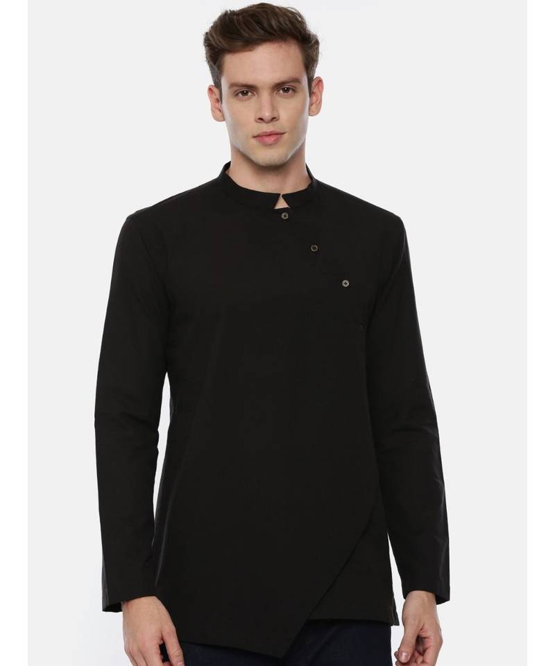 Black Cotton Cut Away Short Kurta