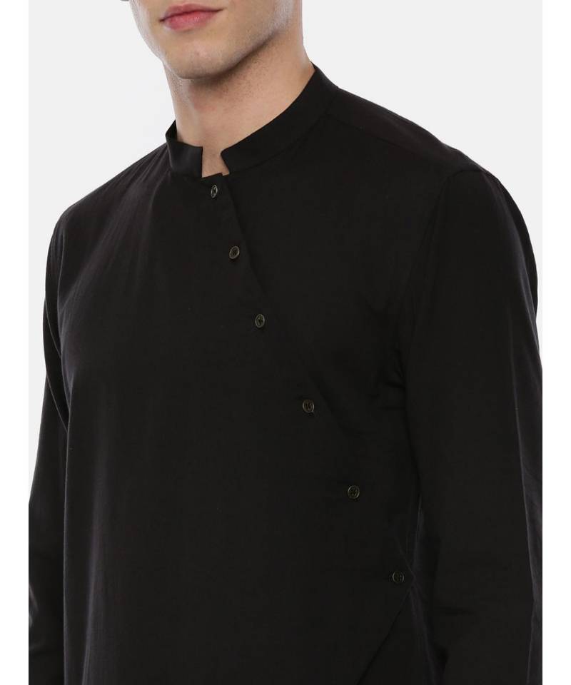 Black Cotton Cut Away Short Kurta