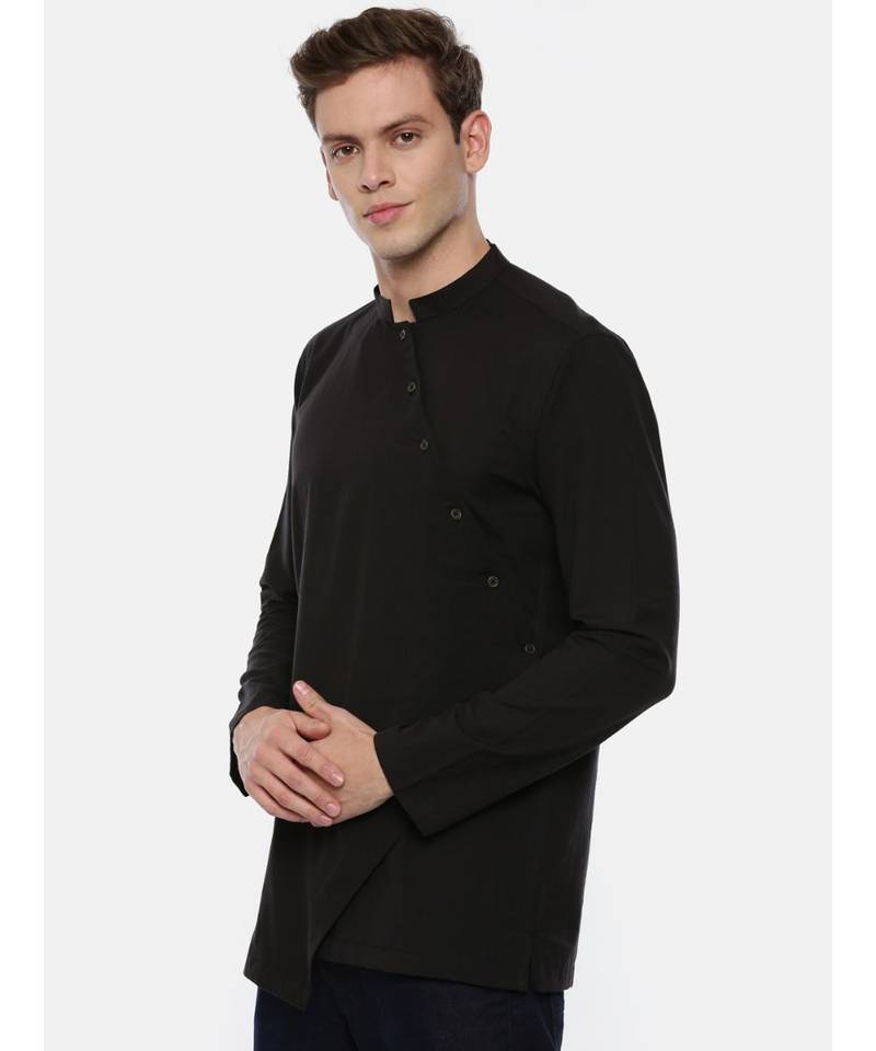 Black Cotton Cut Away Short Kurta