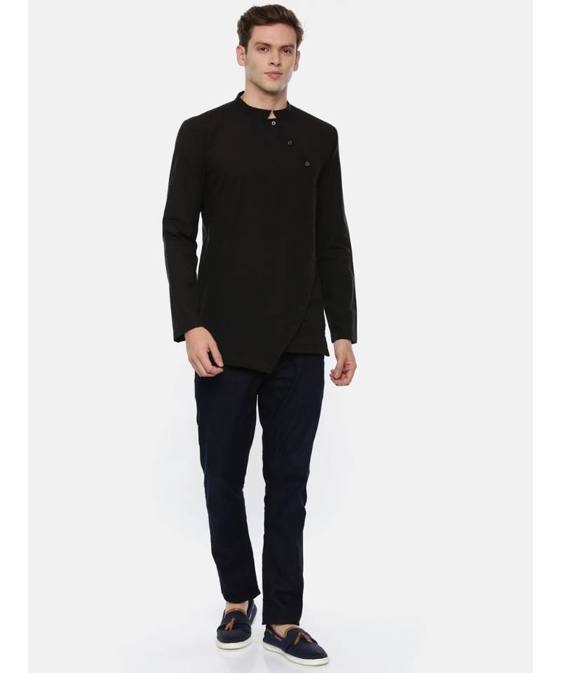 Black Cotton Cut Away Short Kurta