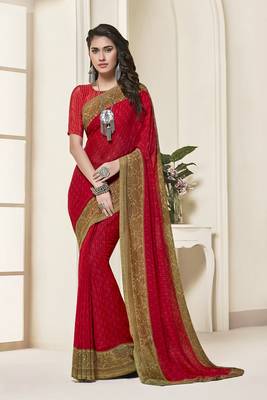Women Red Georgette Printed Designer saree with blouse 1