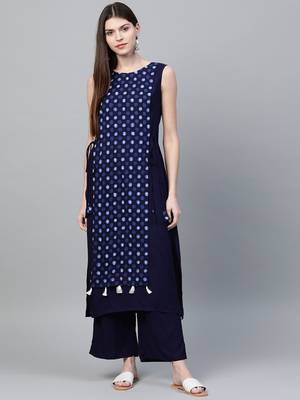 Navy blue printed rayon ethnic-kurtis 1