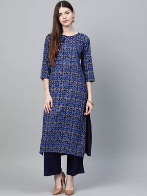 Navy blue printed rayon ethnic-kurtis 1