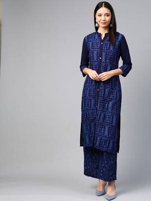 Navy blue printed rayon ethnic-kurtis 1
