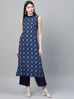 Navy blue printed rayon ethnic-kurtis 1