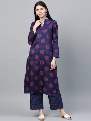 Navy blue printed silk ethnic-kurtis 1