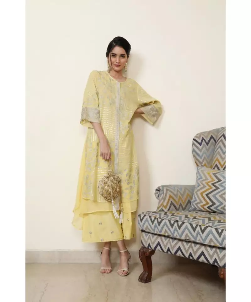 ANJU HARLEEN SUNSHINE YELLOW DOUBLE LAYER TUNIC WITH FARSHI