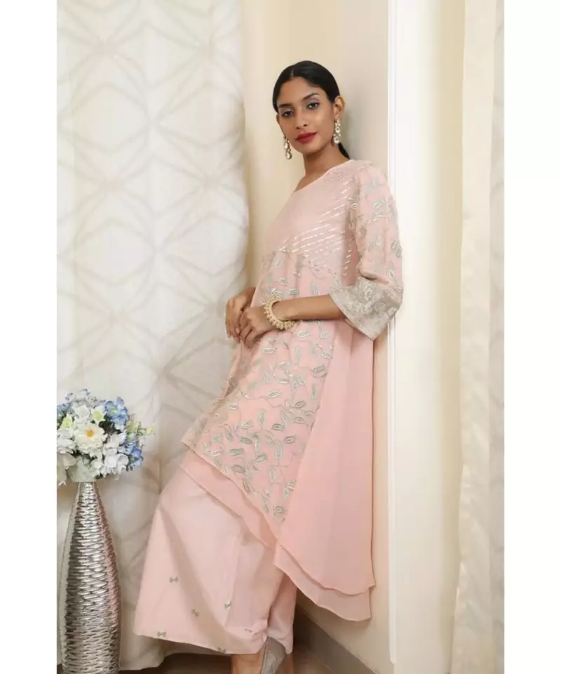 ANJU HARLEEN LIGHT PINK DOUBLE LAYER TUNIC WITH FARSHI