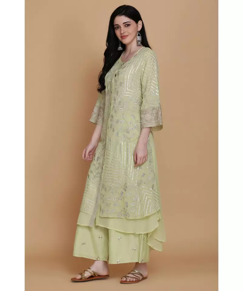 ANJU HARLEEN APPLE GREEN DOUBLE LAYER TUNIC WITH FARSHI