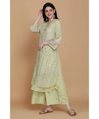  Apple Green Double Layer Tunic With Farshi 3