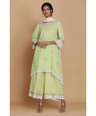 Anju Harleen Apple Green Double Layer Tunic With Farshi And Dupatta 1