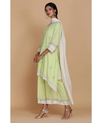 Anju Harleen Apple Green Double Layer Tunic With Farshi And Dupatta 3