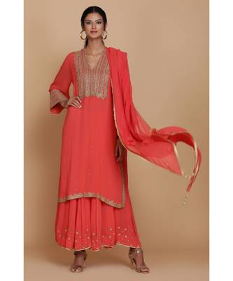  Coral Straoight Tunic With Sharara And Dupatta 1