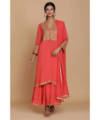  Coral Straoight Tunic With Sharara And Dupatta 2