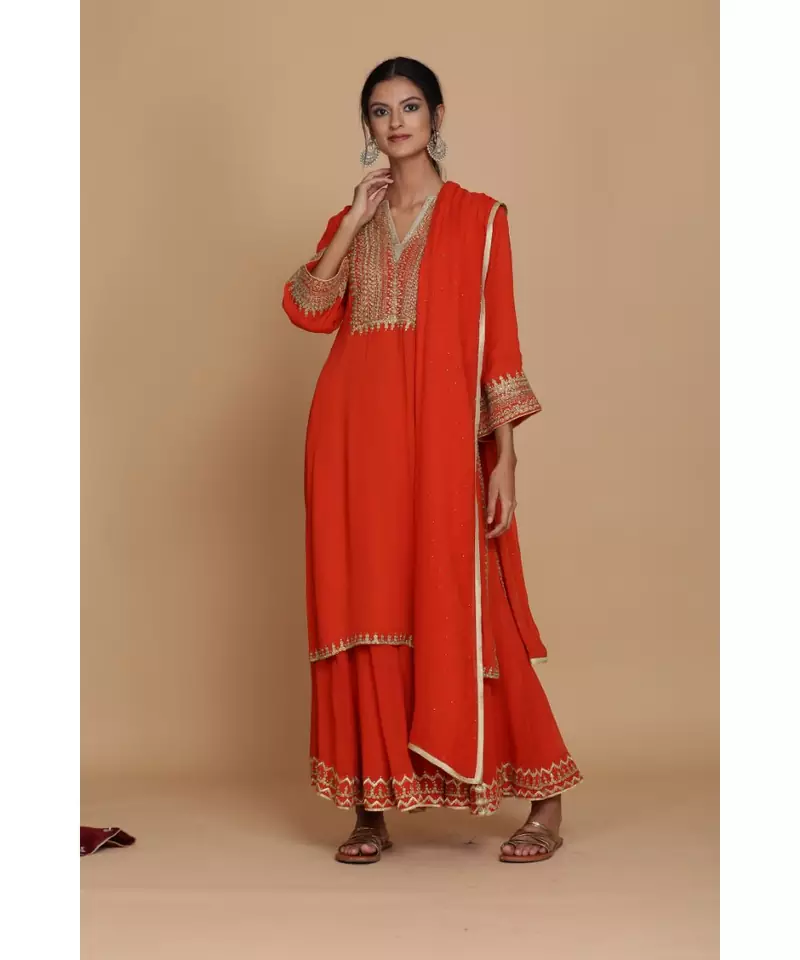 ANJU HARLEEN BURNT ORANGE STRAIGHT TUNIC WITH SHARARA AND DUPATTA