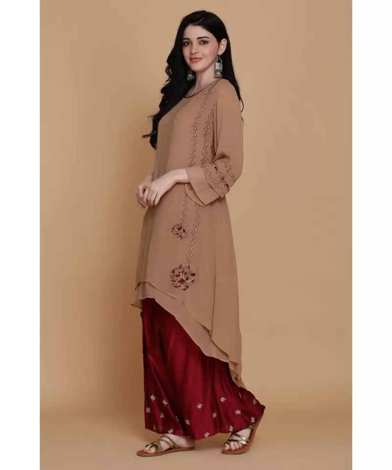 ANJU HARLEEN COPPER ASYMMETRICAL DOUBLE LAYER TUNIC WITH MAROON FARSHI