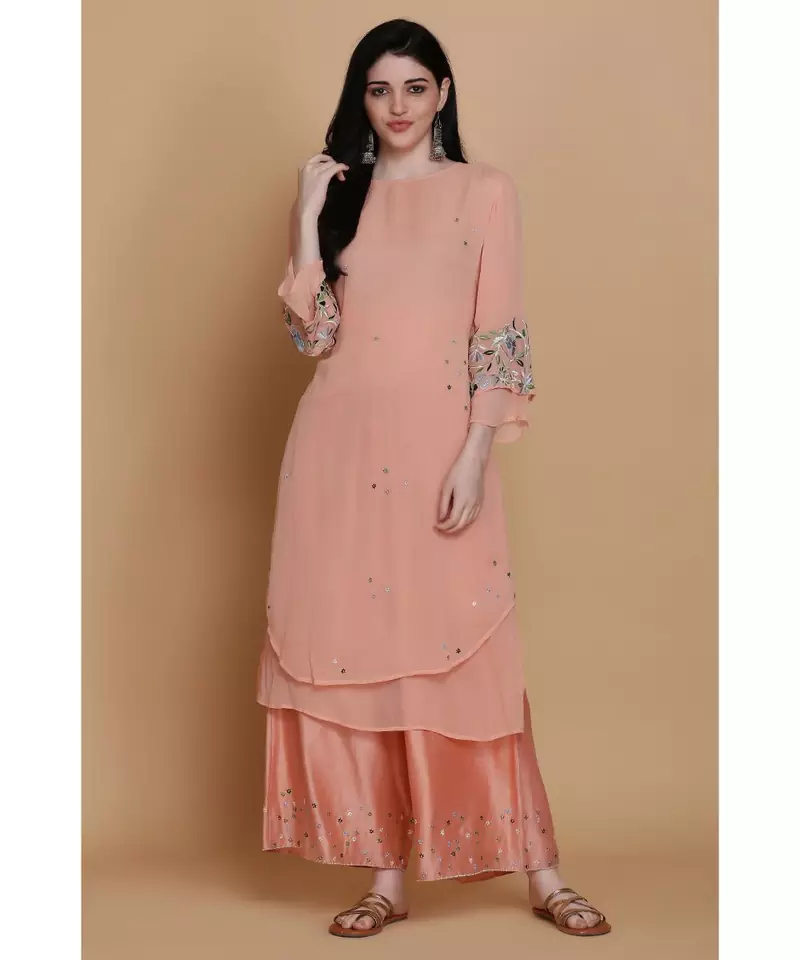 ANJU HARLEEN PEACH DOUBLE LAYER TUNIC WITH FARSHI