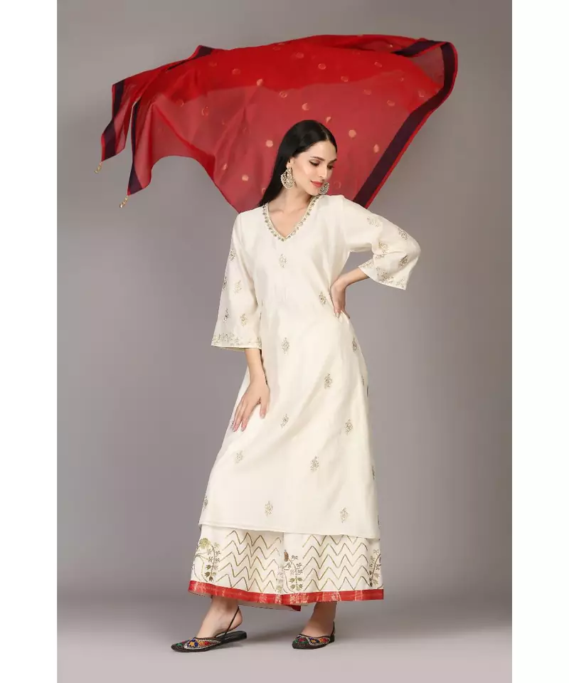 ANJU HARLEEN IVORY TUNIC WITH FARSHI WITH RED DUPATTA