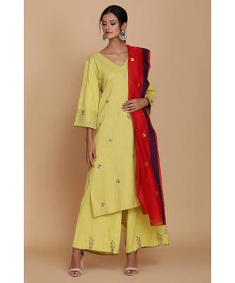  Lime Green Textured Tunic With Farshi And Red Dupatta 1