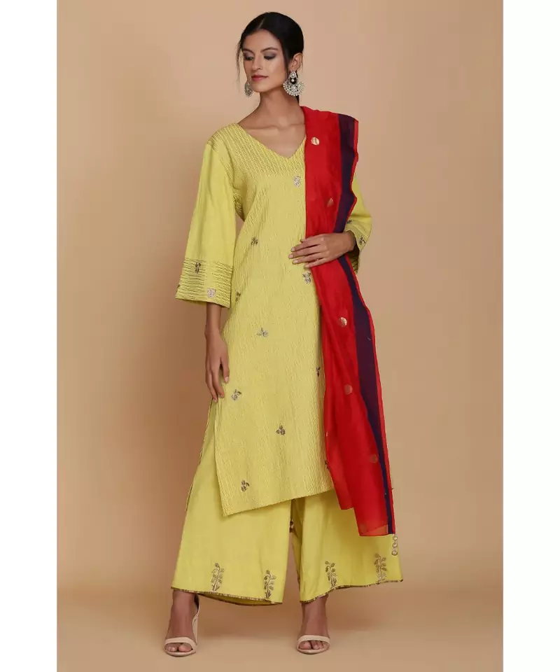 ANJU HARLEEN LIME GREEN TECTURED TUNIC WITH FARSHI AND RED DUPATTA