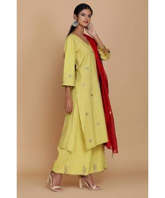  Lime Green Textured Tunic With Farshi And Red Dupatta 2