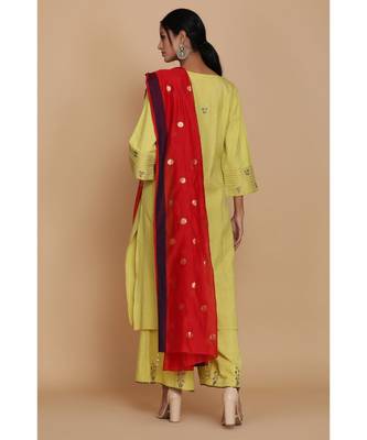  Lime Green Textured Tunic With Farshi And Red Dupatta 3