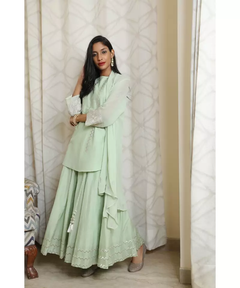 ANJU HARLEEN MINT GREEN SLEEVELESS TUNIC WITH SKIRT AND OVERLAY