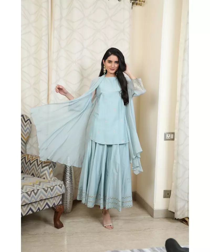 ANJU HARLEEN ICE BLUE SLEEVESLSS TUNIC WITH SKIRT AND OVERLAY