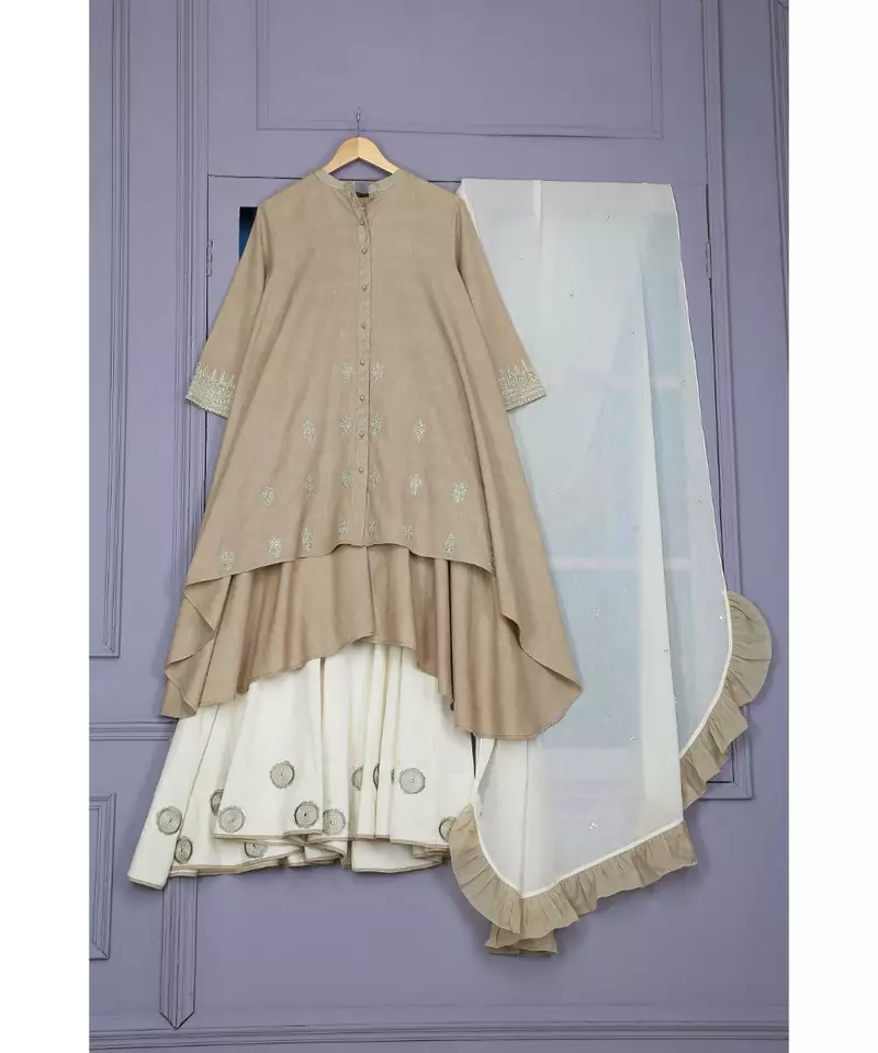 ANJU HARLEEN MAUVE ASSYMETRICAL TUNIC WITH IVORY SHARARA AND DUPATTA