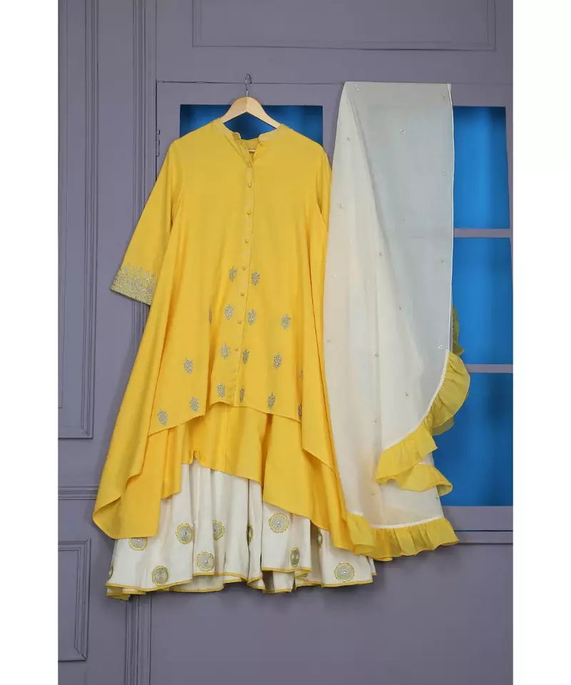 ANJU HARLEEN SUNSHINE YELLOW ASSYMETRICAL TUNIC WITH SHARARA AND DUPATTA