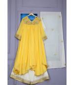 ANJU HARLEEN SUNSHINE YELLOW ASSYMETRICAL FLARED TUNIC WITH FARSHI AND DUPATTA