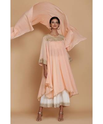 Peach Asymmetrical Flared Tunic With Farshi And Dupatta 1