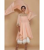 Peach Asymmetrical Flared Tunic With Farshi And Dupatta