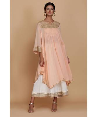 Peach Asymmetrical Flared Tunic With Farshi And Dupatta 2
