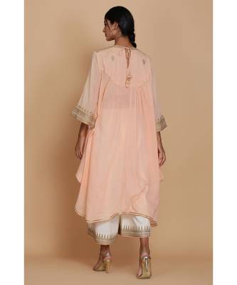 Peach Asymmetrical Flared Tunic With Farshi And Dupatta 4