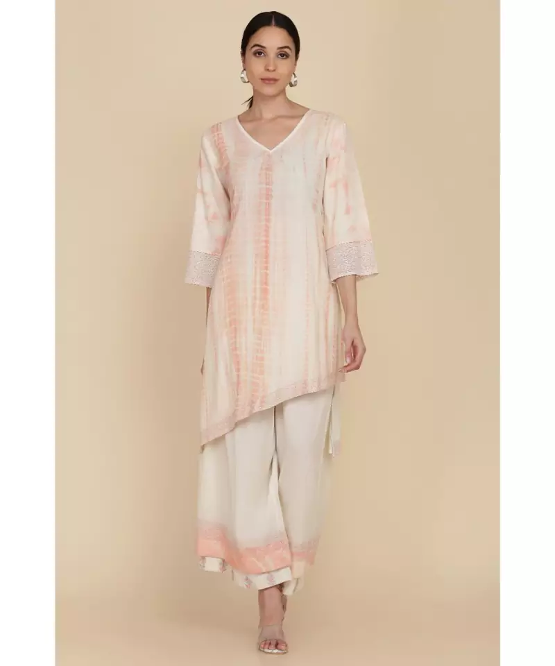 ANJU HARLEEN IVORY/PEACH ASYMMETRICAL TUNIC WITH FARSHI
