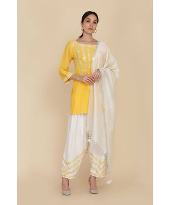 Sunshine Yellow Short Tunic With Ivory Salwar And Dupatta  1