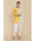 ANJU HARLEEN SUNSHINE YELLOW SHORT TUNIC WITH IVORY SALWAR AND DUPATTA WITH CONTRAST