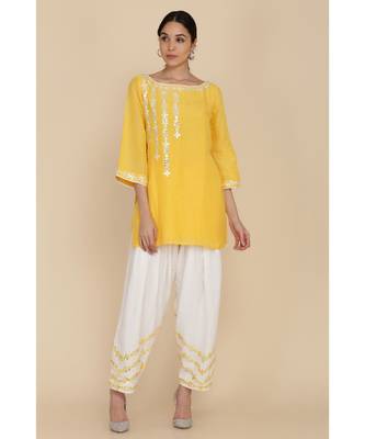 Sunshine Yellow Short Tunic With Ivory Salwar And Dupatta  2