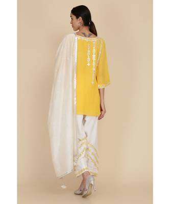 Sunshine Yellow Short Tunic With Ivory Salwar And Dupatta  3