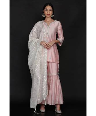 Light Pink Short Tunic With Gharara And Ivory Dupatta 1