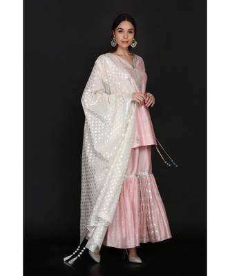 Light Pink Short Tunic With Gharara And Ivory Dupatta 3