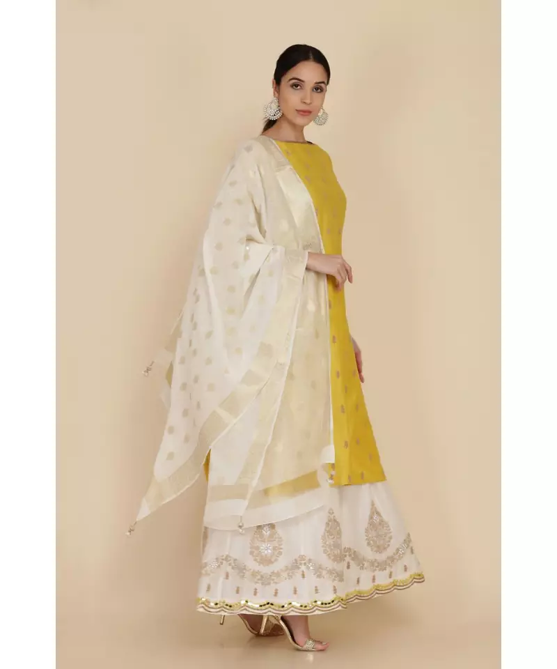 ANJU HARLEEN LIME GREEN STRAIGHT TUNIC WITH IVORY SHARARA AND DUPATTA WITH ZARI
