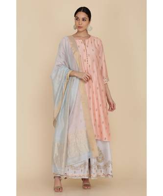  Peach Straight Tunic With Ice Blue Sharara And Dupatta 1