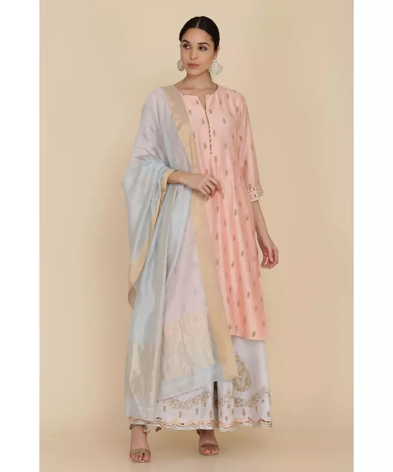 ANJU HARLEEN PEACH STRAIGHT TUNIC WITH ICE BLUE SHARARA AND DUPATTA WITH ZARI