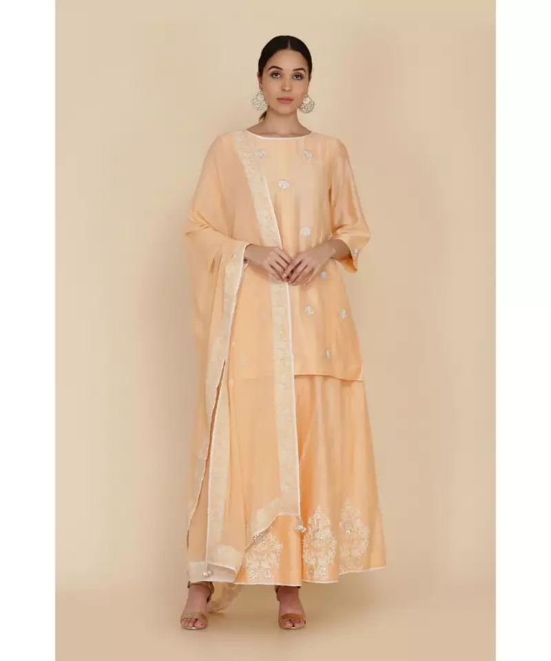 ANJU HARLEEN MUSKMELON SHORT TUNIC WITH SHARARA AND DUPATTA