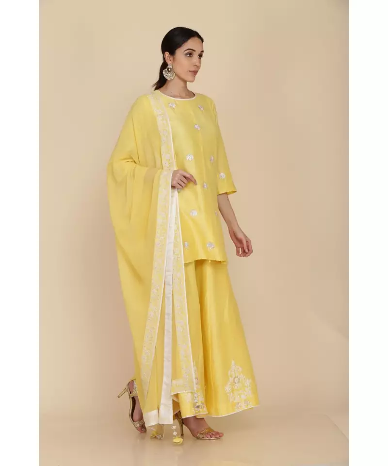 ANJU HARLEEN SUNSHINE YELLOW SHORT TUNIC WITH SHARARA AND DUPATTA
