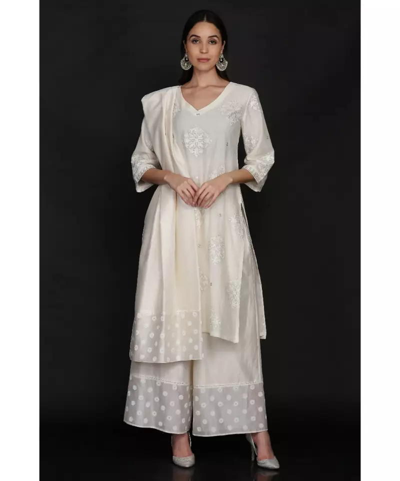 ANJU HARLEEN IVORY TUNIC FARSHI AND DUPATTA WITH CROSS