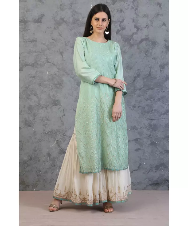 ANJU HARLEEN SEA BLUE PINTUCKS TUNIC WITH IVORY GHARARA