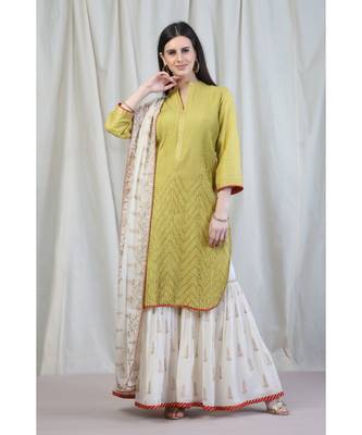  Lime Green Pintucks Tunic With Ivory Gharara And Dupatta 1